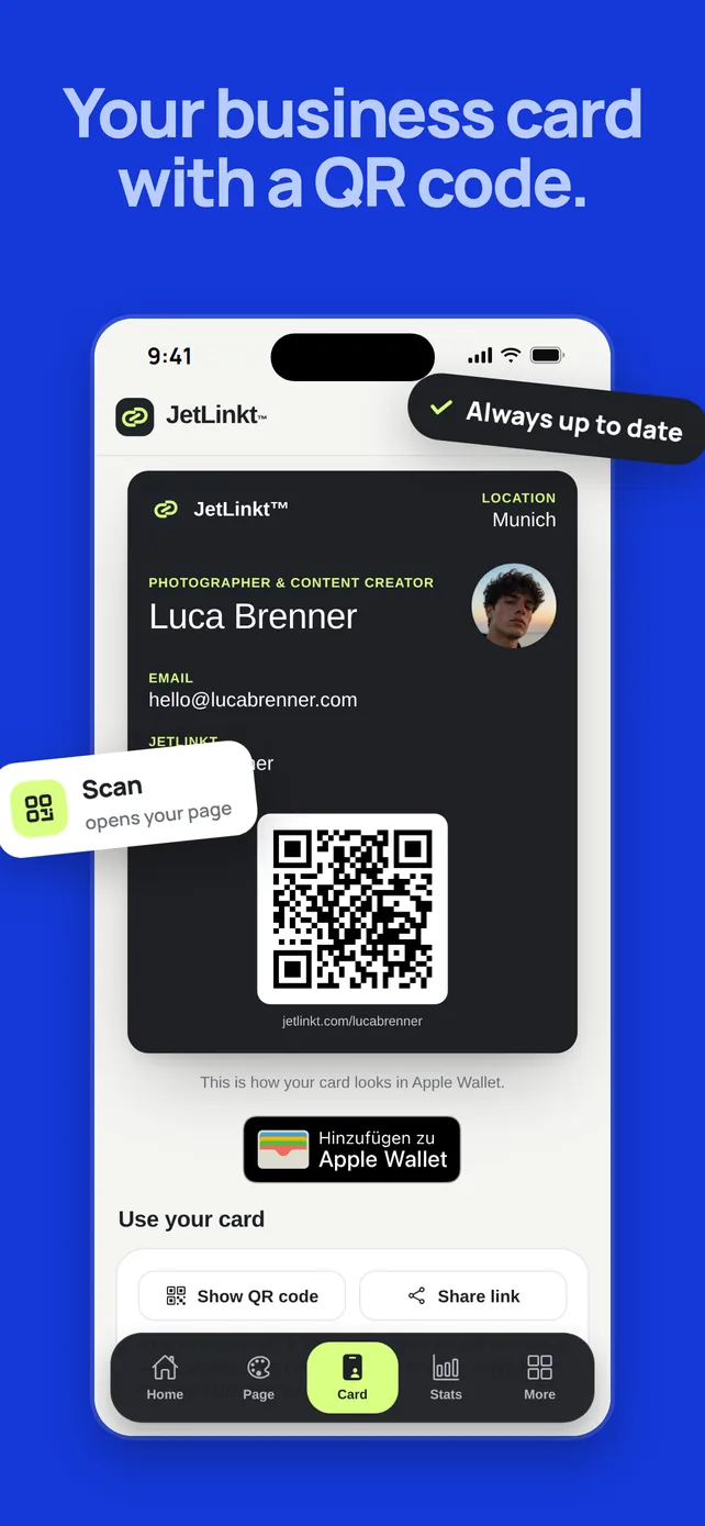 Digital business card in the JetLinkt™ app